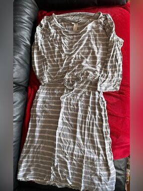 Casual Gray Striped Midi Maternity/Nursing Dress with Drawstring Waist